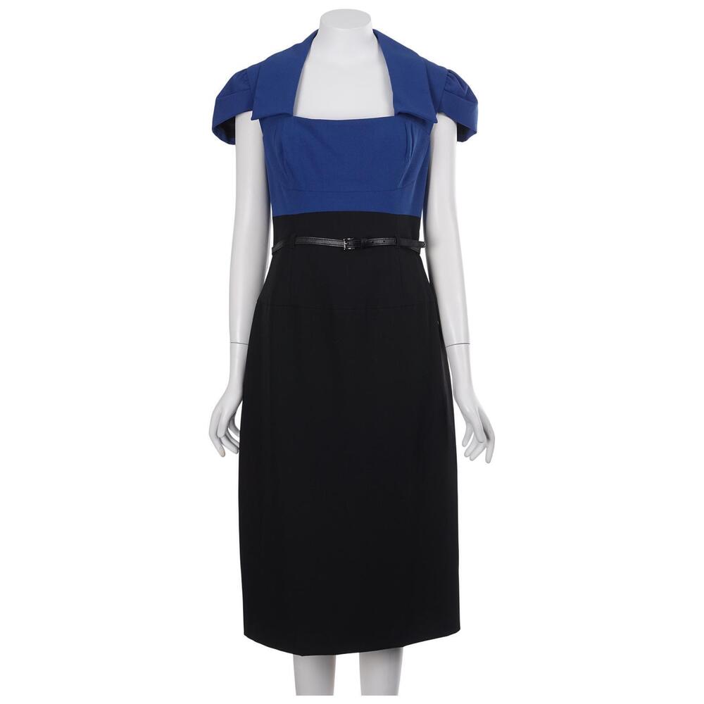 Black Halo Dress 8 Blue Black Colorblock Cap Sleeve Square Neck Belted